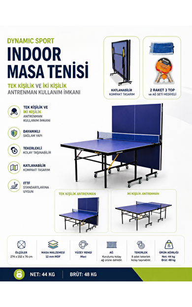 Dynamic Sport Katlanabilir Masa Tenisi Masası + 2 Raket + 3 Top + Ağdemir Set